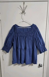 Eshakti Gathered Top Womens Size 3X Blue Coastal Feminine Minimalist Lagenlook  - Picture 1 of 11