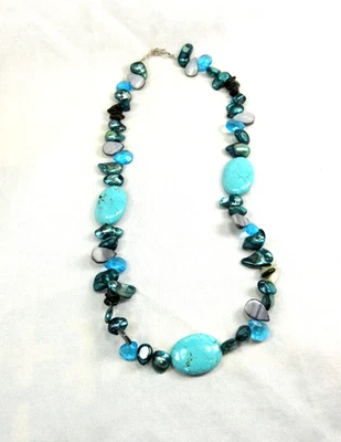 Abalone, Turquoise Magnesite, Glass, Sterling Silver Necklace, 19",  #N55 - Image 1 of 4