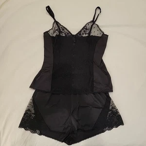 Vtg Vanity Fair Lingerie Black Lace Chemise Top Sz 36 Panty Sz 6 2 Piece Set - Picture 1 of 19