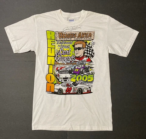 VTG. 2005 Carl Edwards signed #99 Ozark Area Racers Double Sided T-Shirt Size S Cover