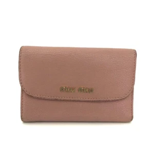 MIU MIU Logo Madras Leather Trifold Wallet Pink/6BD0606 - Picture 1 of 8