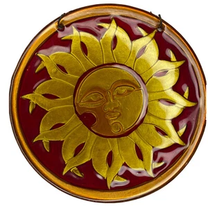Glass Sun Sunburst Suncatcher Gold On Red With Mineral Salt Hot Shop Coloration - Picture 1 of 9