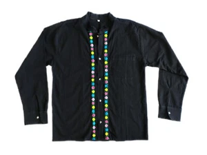 Artisanal Men's Shirt Mock Neck Mexican Guayabera Black L - Picture 1 of 9