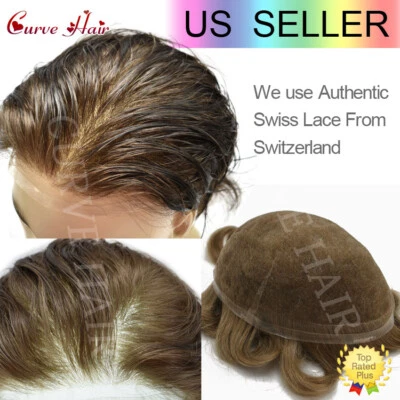 Men Toupee Human Hair Replacement Systems Full Swiss Lace Hair Piece Wig for Men - Image 1 of 4
