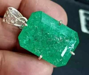 Natural Certified 30 Ct Green Emerald Loose Gemstone 925 Solid Silver Pendant - Picture 1 of 8