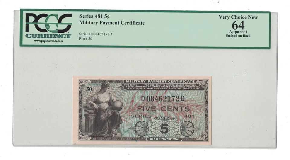 U.S. - Series 481 5 Cents Military Payment Certificate (PCGS 64 Apparent) - Image 1 of 2