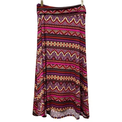 Falda LULAROE Boho Midi Talla Grande Elastizada Jersey Rojo Estampado Azteca Pullon Alto Lo Foto 1 de 4
