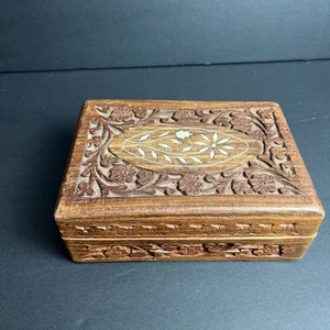 Vintage Black Forest Trinket Box Carved Wood Inlaid India - Picture 1 of 9