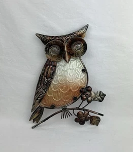 Metal Glass Owl On Branch Wall Hanging Sculpture Rustic Farmhouse Art Deco 10” - Picture 1 of 16