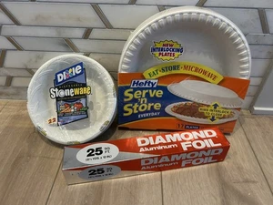 New Vtg Hefty Serve Store Interlock Disposable Plates, Dixie Bowls, Diamond Foil - Picture 1 of 8