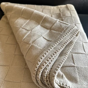 Charter Club Basket Weave Check Knit Throw Blanket Beige Cotton 55”x 65” - Picture 1 of 23