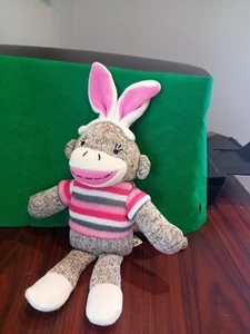 Dan Dee Sock Monkey Plush Pink Easter Bunny Rabbit Ears 12" Stuffed Animal Toy - Picture 1 of 6