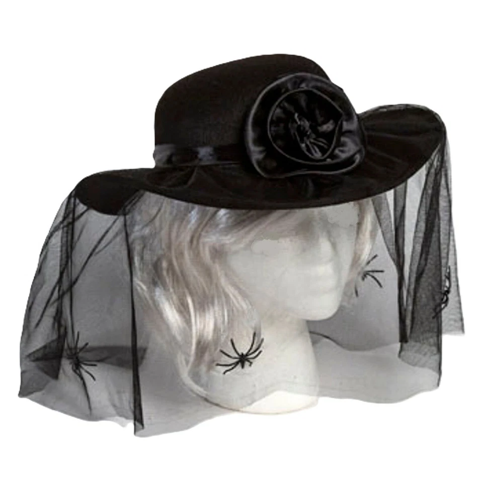 Goth BLACK MOURNER HAT VEIL Rosette Spider Steampunk Halloween Costume Accessory - Image 1 of 4