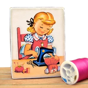 Girl Sewing a doll dress vintage style retro shelf sitter home decor sign WB-115 - Picture 1 of 2