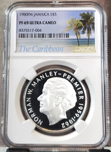 1980 JAMAICA SILVER 5 DOLLARS NORMAN MANLEY NGC PF 69 ULTRA CAMEO RARE TOP POP - Picture 1 of 3