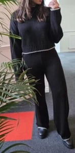 Crew Neck Loungewear Top with Matching Knitted Bottoms with Stitch Details - Picture 1 of 4