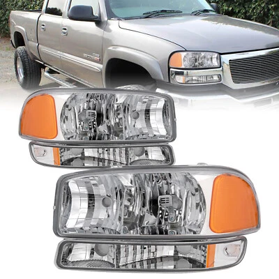 For 1999-2007 GMC Sierra 00-06 Yukon 4Pcs Chrome Headlights+Bumper Signal Lamps - Image 1 of 4