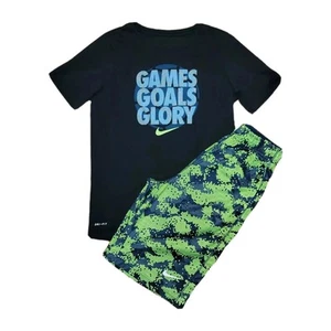 Nike Dri-fit Youth Medium (10-12) Black/Green Athletic Shorts & T-shirt Outfit  - Picture 1 of 6