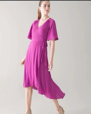 全新带标签 150 美元白宫 Black Market L 连衣裙飘逸袖包裹式 Midi Slip 紫色 — 第 1/4 张图片