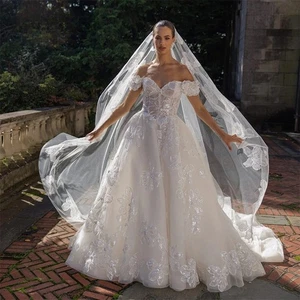 Ballkleid Brautkleid Pailletten Blumen Applikationen Korsett Ilusion Brautkleider - Bild 1 von 13