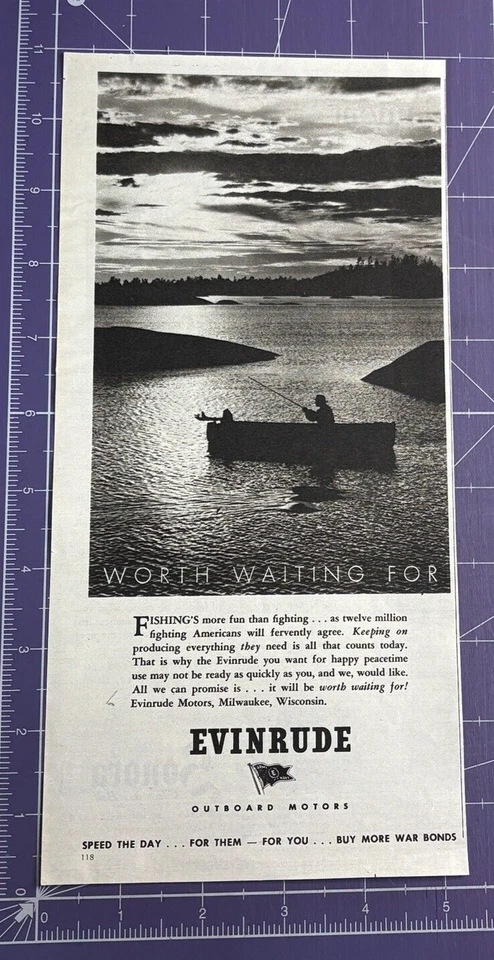 EVINRUDE MOTORES FUERABORDA MILWAUKEE WISCONSIN PESCA AÑOS 40 SEGUNDA GUERRA MUNDIAL ANUNCIO IMPRESO Foto 1 de 2