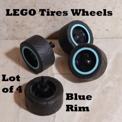 LEGO Tires Set Racing BLUE RING White Walls Pin Technic RACER Pit Crew Gear - Image 1 of 2