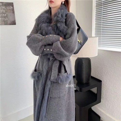 OFF WHITE Cardigan giacca donna maglia lunga collo vera pelliccia di volpe cardigan lana giacche