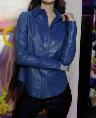 Nueva Camisa Mujer Azul Formal Hecha a Mano Cuero Genuino Piel de Cordero Informal Elegante Foto 1 de 4