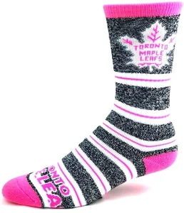 Toronto Maple Leafs Hockey Gray Marbled Pink Melange Stripe Crew Socks - Picture 1 of 3