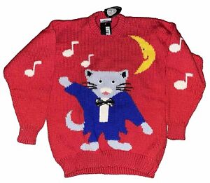 NWT Vintage Atelier New Zealand Pure New Wool Kitschy Musical Cat Sweater L/XL