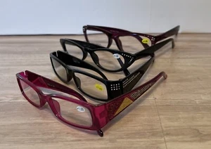 4 Pairs Of Fun Rhinestone Reader Glasses. +1.00 Pink, Black And Burgundy  New - Picture 1 of 5