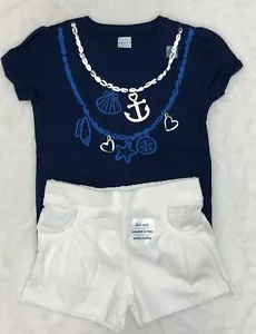 Girls Outfit Shorts & Shirt Nautical Blue Shells Necklace Toddler 4T 2 Piece Set - Picture 1 of 5