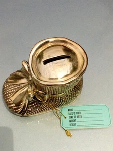 VINTAGE BABY SHOE SILVER PLATED COIN BANK WITH A BLUE TAG FOR A BOY TAKE A LOOK! - Picture 1 of 3