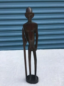Vintage Hand Carved Wood African Tribal Hunter Man With Spear Statue Figure 11" - Picture 1 of 11
