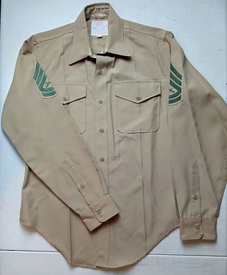 Creighton USMC US Marines Shirt Mens 15.5 35 Khaki Wool Blend Military Sgt 70s - Image 1 of 4
