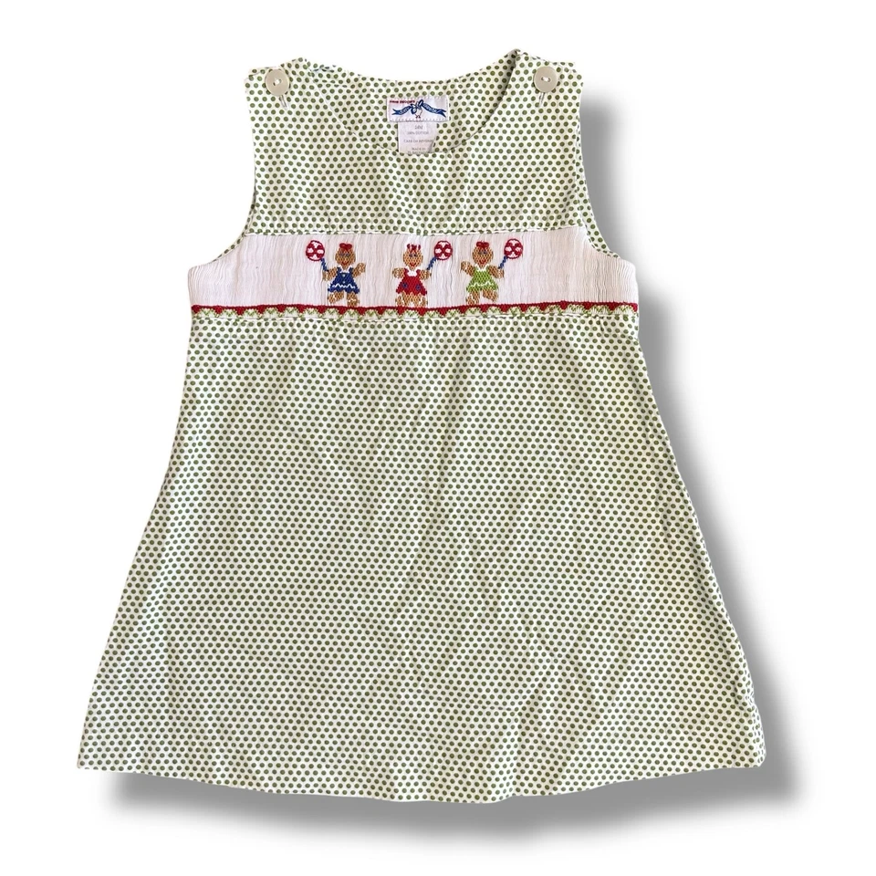 Silly Goose Hand Smocked Dress 24M Girls Green Polka Dot Gingerbread Embroidery - Image 1 of 4