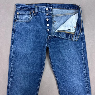 Levis 501 Jeans Mens 34x32 Blue Denim Pants Button Fly Faded Straight (Tag33x32) - Image 1 of 4