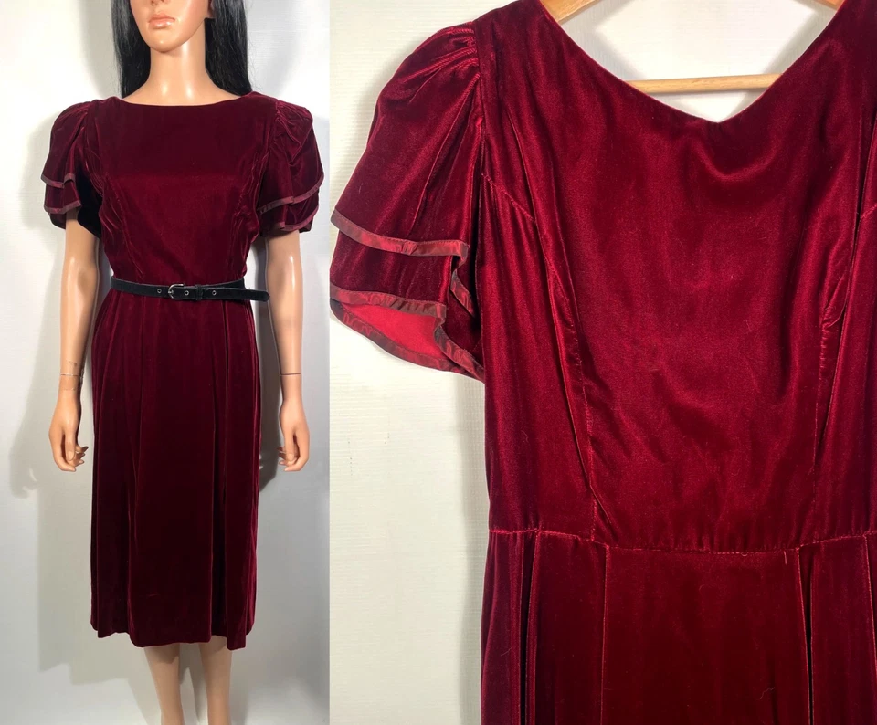 Vintage 80s Lanz Burgundy Velvet Puff Sleeve Holiday Party Dress Size S/M - Image 1 of 4