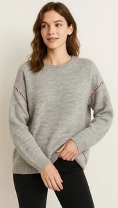 Dylan XS Light Gray Alpaca Blend Sweater Hand-Stitched red Contrast Oversized - Picture 1 of 17