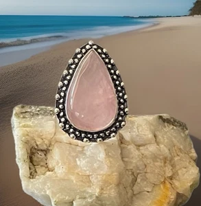 Size 8 Rose Quartz Gemstone Handcrafted Ring Sterling Silver plated 925 - New - Picture 1 of 4
