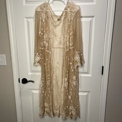 蕾丝开衫和服除尘霜透明 L/XL 花卉刺绣领带正面 Midi — 第 1/4 张图片