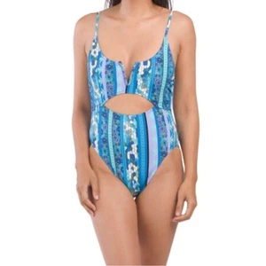 Lucky Brand  Swimsuit Size M Blue Paisley Floral Mosaic V Neck Wire One Piece - Picture 1 of 9