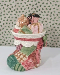 FITZ AND FLOYD COOKIE JAR STOCKING with TOYS HAND PAINTED 1992 - Picture 1 of 11