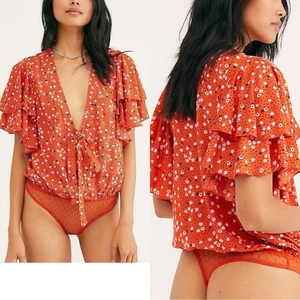 Body top blusa intimamente libero persone chiamami dopo XS arancione volant floreale - Foto 1 di 14