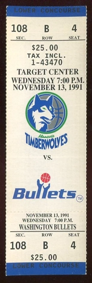 Ticket Basketball Minnesota Timberwolves 1991 - 92 11/12 Washington Wizards - Image 1 of 1
