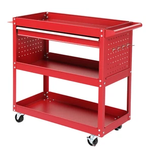 3 Tier Metal Rolling Tool Cart with Pegboard Drawer Hooks Heavy Duty Red Storage - Picture 1 of 5
