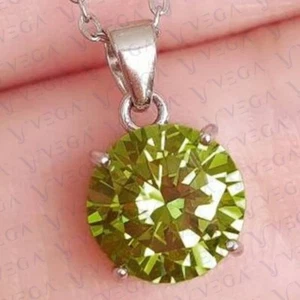 4ct Round Shape Natural Peridot Solitaire Pendant 18k White Gold Plated No Chain - Picture 1 of 12