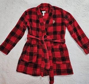 PINK Victoria's Secret Red Black Plaid Plush Short Belted Robe XS House Coat - Picture 1 of 6