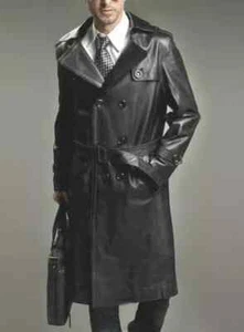 Men Black Trench Coat Steampunk Button Close Leather Genuine Lambskin Long Coat - Picture 1 of 7