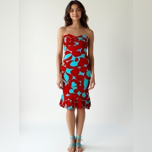 VALENTINO Abito Bodycon Vintage Rubber Ducky Productions Senza Spalline Rosso Acqua Stampa Cuore S